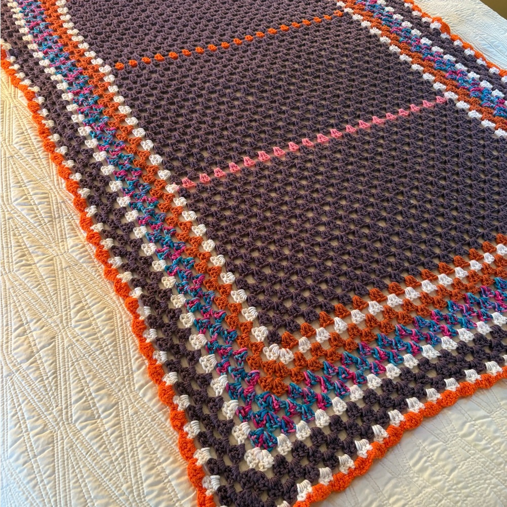Handmade Crochet Throw Blanket in Purple, Orange & Multicolor, 39 x 56